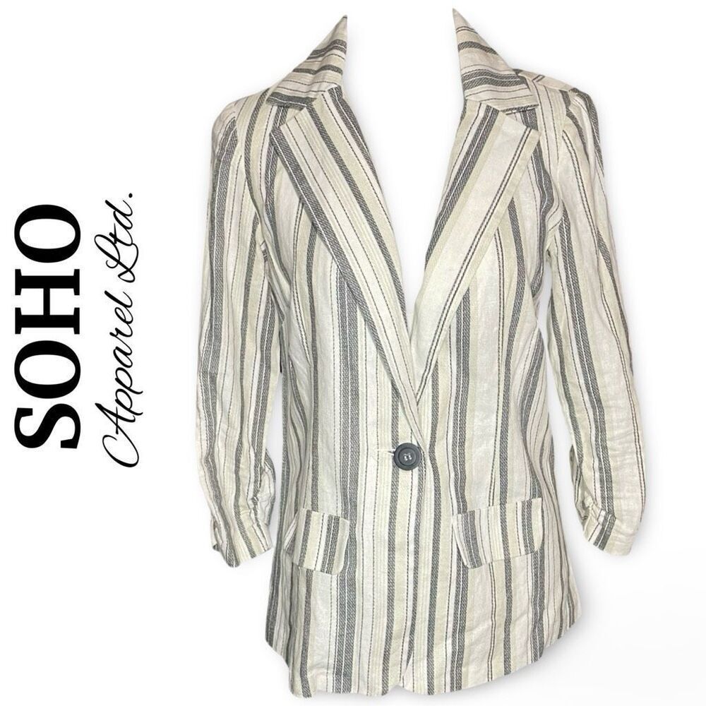 SOHO APPAREL LTD. Linen Blend Striped Blazer, 1 Button Closure, Size Small